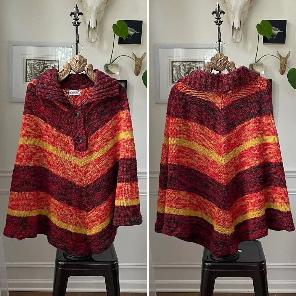 Vintage 70s Sweater Poncho Stripe Orange Yellow Red OSFM
